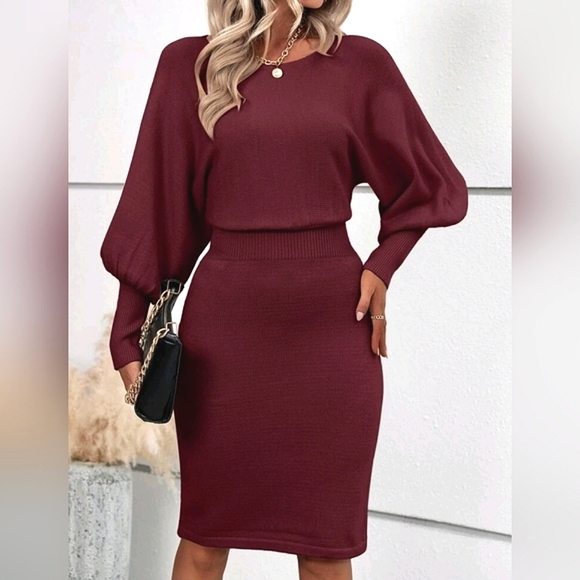 New Chic High Waist Lantern Sleeve Knit Sweater Dress Burgundy - Picture 3 of 7